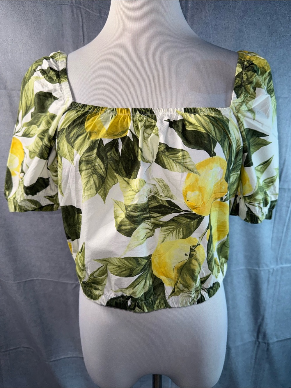 2317-H&M White Lemon Print Square Neck Crop Top